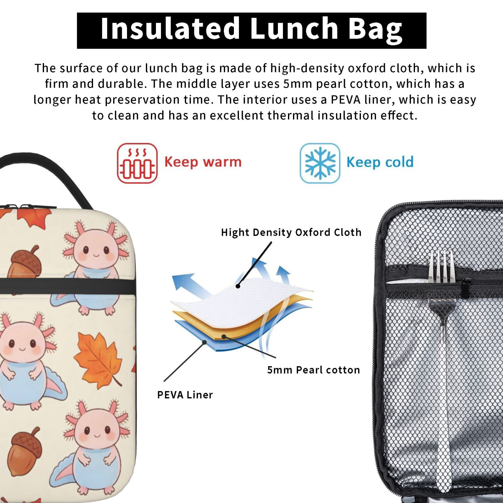 Lunch Bag For Women Men Insulated Portable Lunch Box Bento Box Office Picnic Travel Cooler Bag Hazelnut Firefly Axolotl