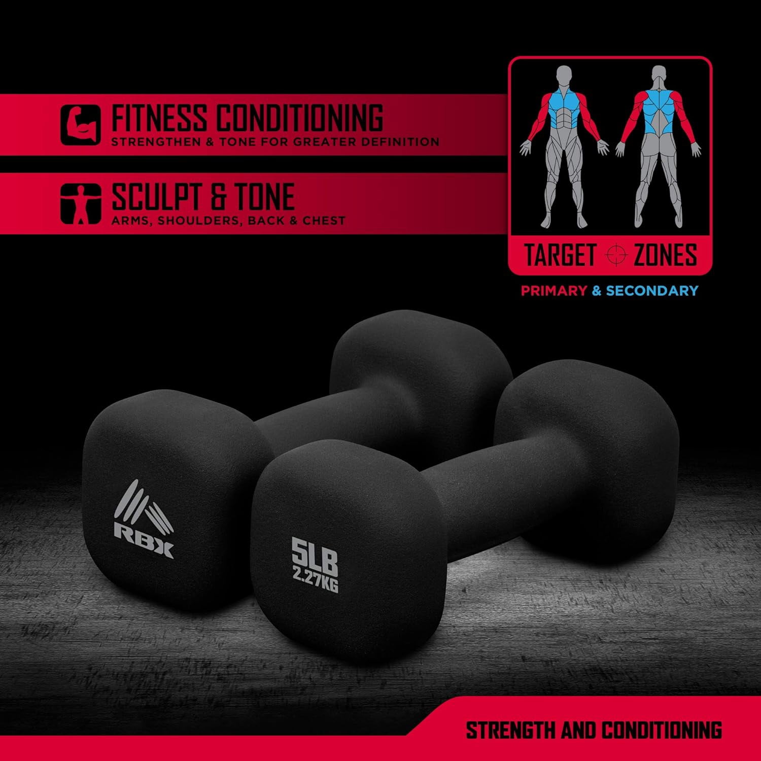 RBX Neoprene Dumbbell Set, Non-Slip Grip Arm Weights for Strength Training and Home Workouts