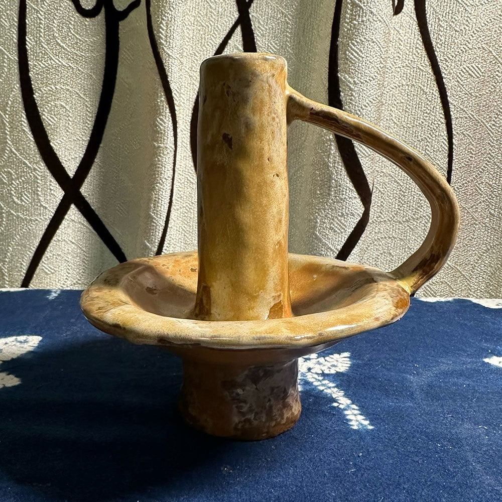 Handmade Vintage Ceramic Candle Holder Candle Accent with Handle Glossy Home Decor for Dining Rooms