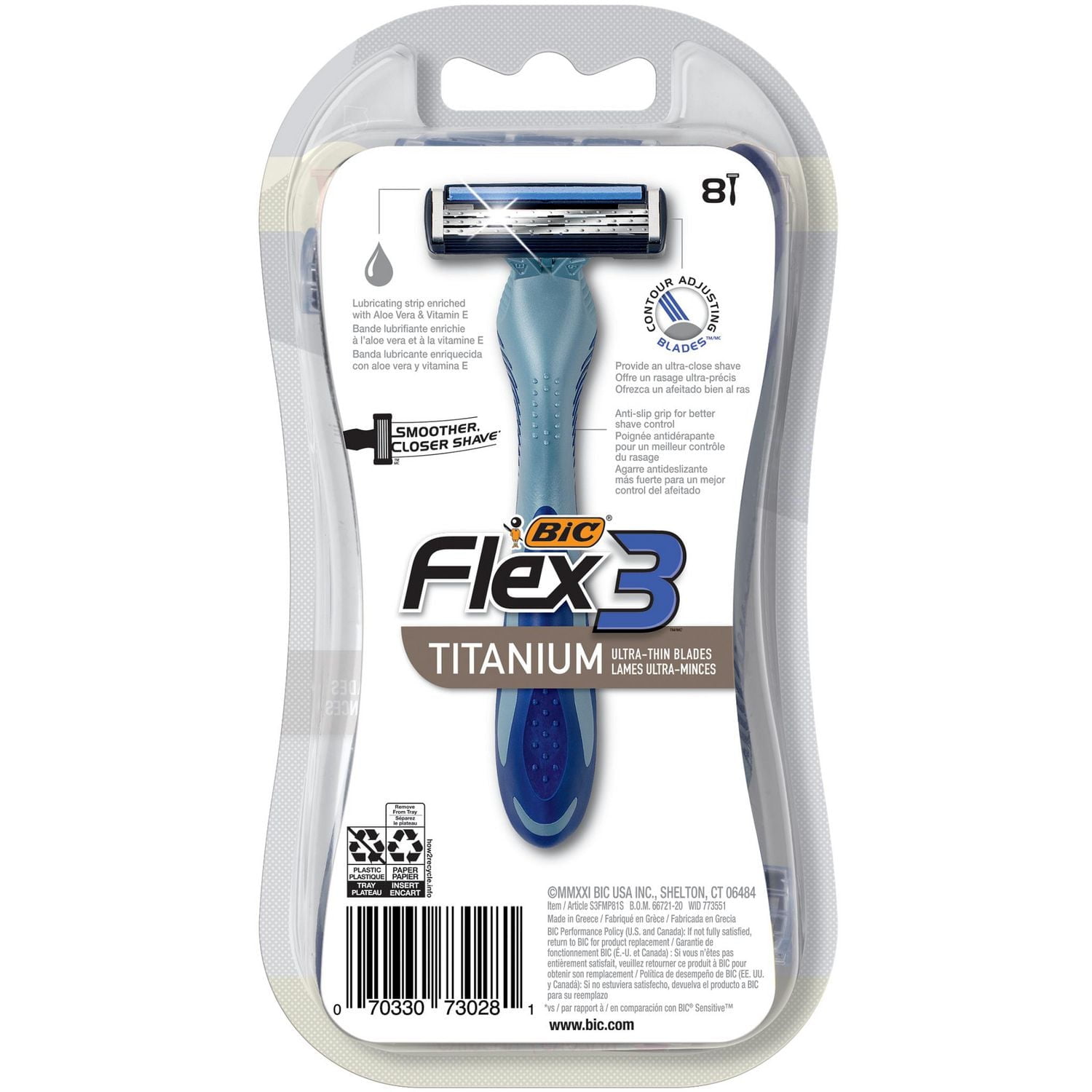 Rasoirs jetables pour hommes BIC Flex 3 Titanium, des rasoirs parfaits pour un rasage lisse et confortable, rasoirs 3 lames, paquet de 8. Paquet de 8