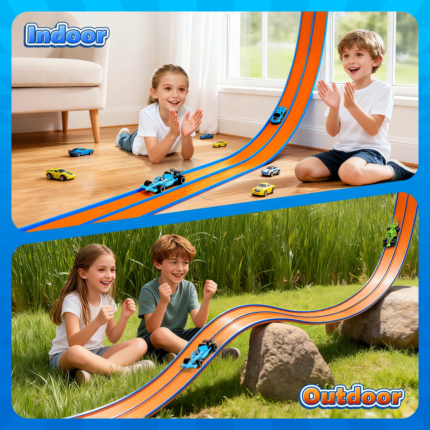 Beefunni 15FT Flexible Race Track for Kids, Bendable Track with Suction Cups, Portable & Foldable Indoor/Outdoor Toy, Compatible with Most 1:64 Toy Cars, Creative Gift for Boys & Girls