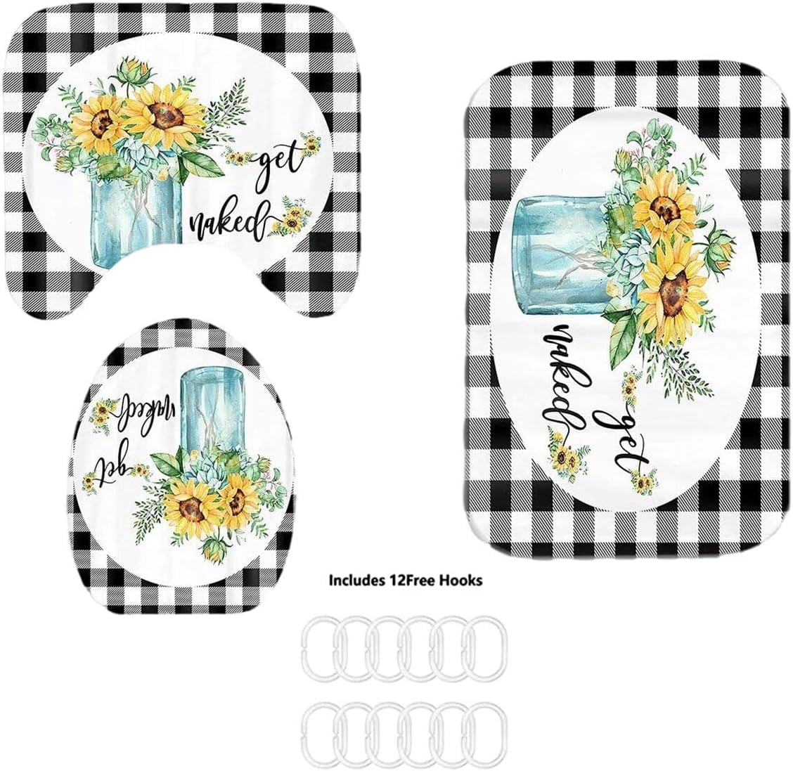 4Pcs Get Naked Sunflower Shower Curtain Sets Floral Green Bathroom Set Decor with Non-Slip Rugs Bath U-shaped Mat Toilet Lid Cover Country Flower Bathroom Curtains Shower Set with 12 Hooks