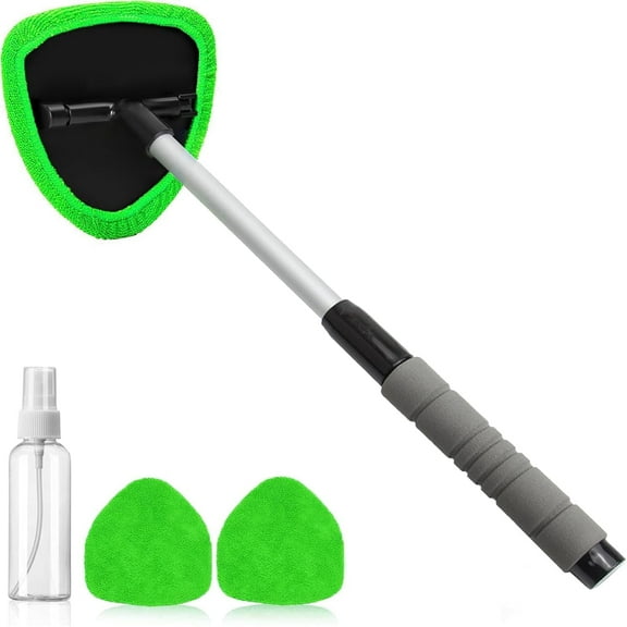 GoXteam Windshield Cleaning Tool, Extendable Handle Car Window Cleaner with 3 Reusable Cloth Pads, Auto Glass Wiper Kit with Soft Handle for Streak-Free Auto Glass Cleaning