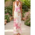 thumbnail image 5 of Rdhnmea Women Halter V Neck Floral Maxi Dress with Scarf Sexy Open Back Bodycon Satin Long Dresses Summer Going Out Beachwear, 5 of 9