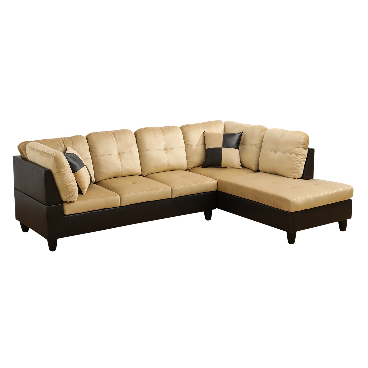 Hommoo 4 Seats Lint and PVC Sectional Sofa Couch Set, Modern L Shaped Sectional Couch, Living Room Furniture Set, Beige and Brown