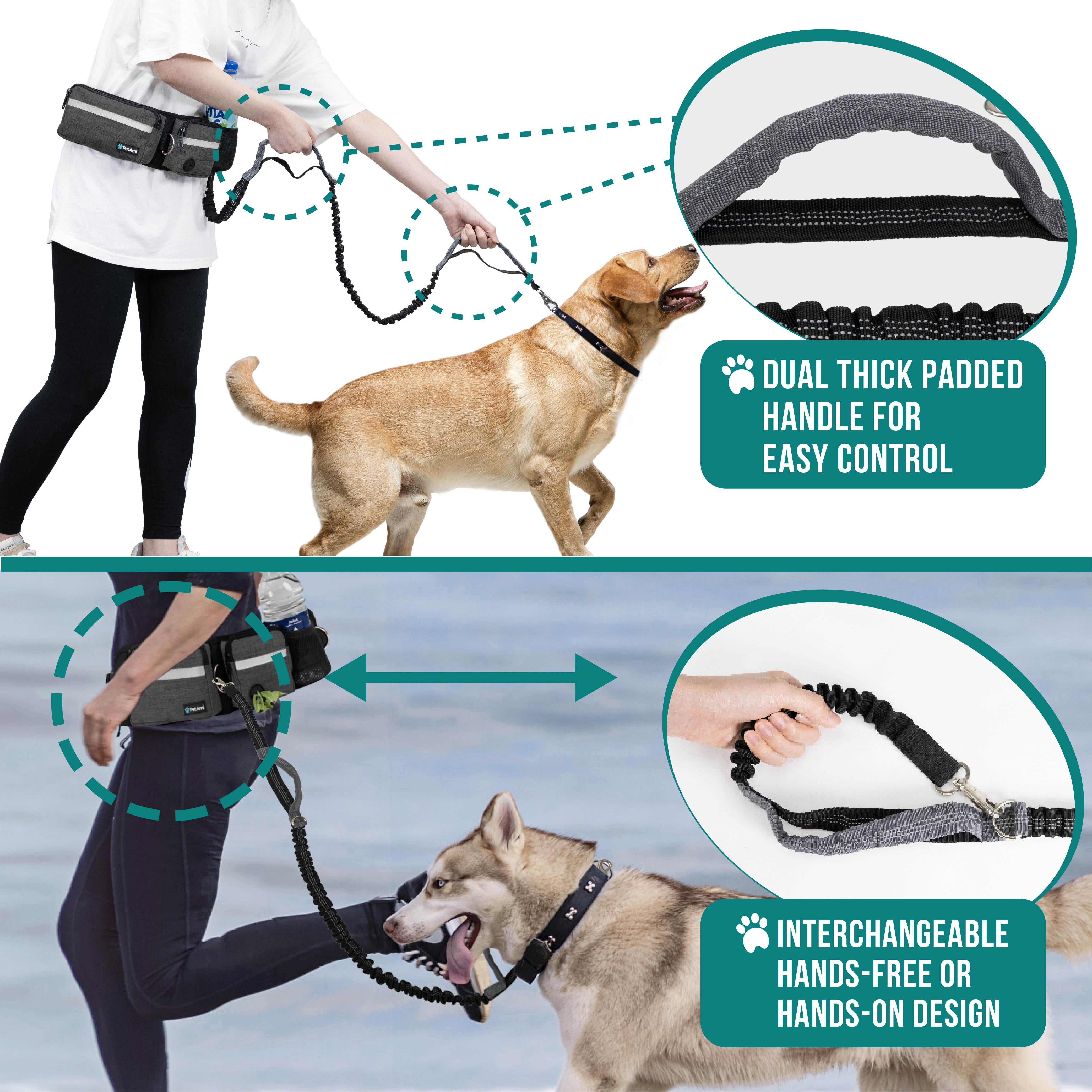 PetAmi Hands Free Dog Leash, Dog Running Leash Belt Bag for Walking, Jogging, Dog Waist Double Zipper Pouch with Poop Bag Dispenser, Dual Padded Handles Reflective Bungee Leash, Double (Charcoal Grey)