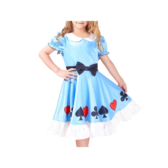 Girls Dress Blue Poker Cards Bow Peter Pan Collar Puffy Sleeve Swing 6 Years