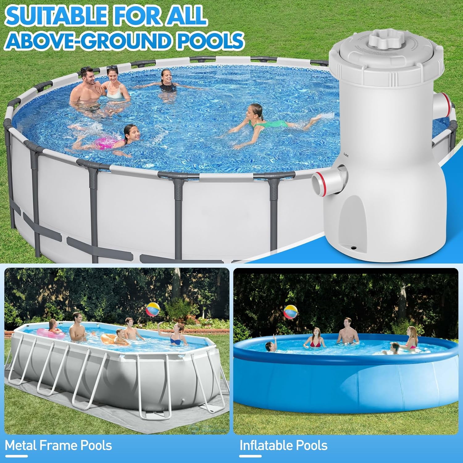 Standard Series Above Ground Pool Filter Pump - 800 GPH Flow Rate | Rapid Circulation & Micro-Debris Filtration, Pool Cartridge Filter Pump System - Keep Water Crystal Clean & Clear