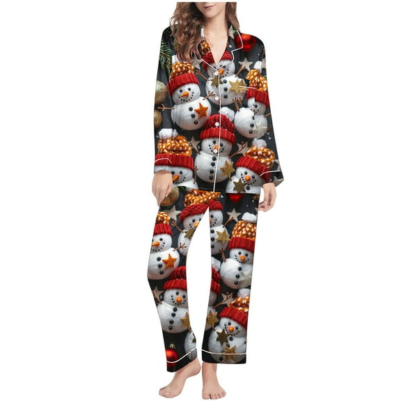 Tnhcen Festive Winter 2-Piece Pajamas for Women Button-Up Lapel Long Sleeve Set Christmas Prints Casual Lounge Homewear Pjs S-2XL