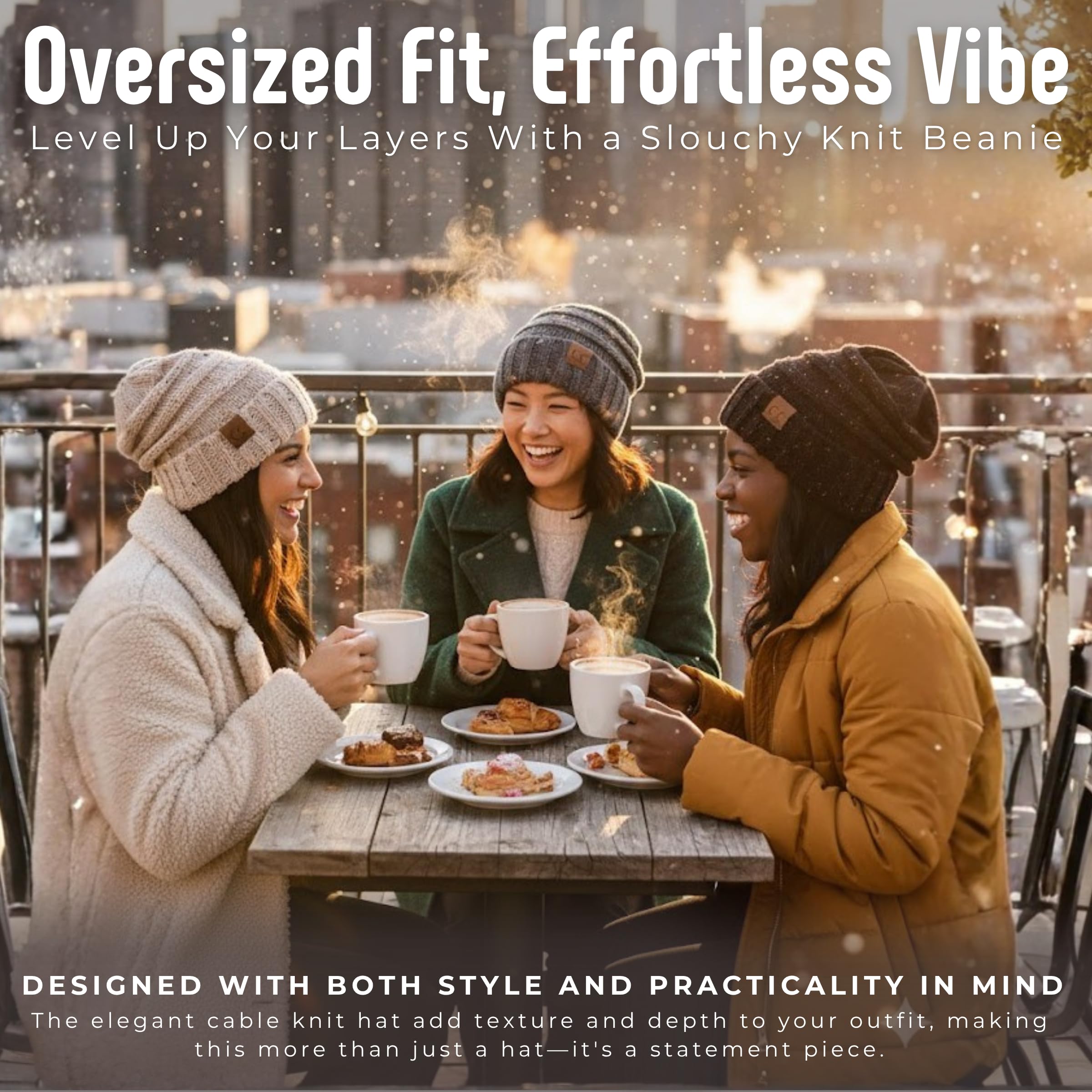 Funky Junque Slouchy Beanie for Women – Soft Chunky Cable Knit Oversized Slouch Beanies - 3 Pack - Black Confetti, Melange Grey Confetti, Oatmeal Confetti