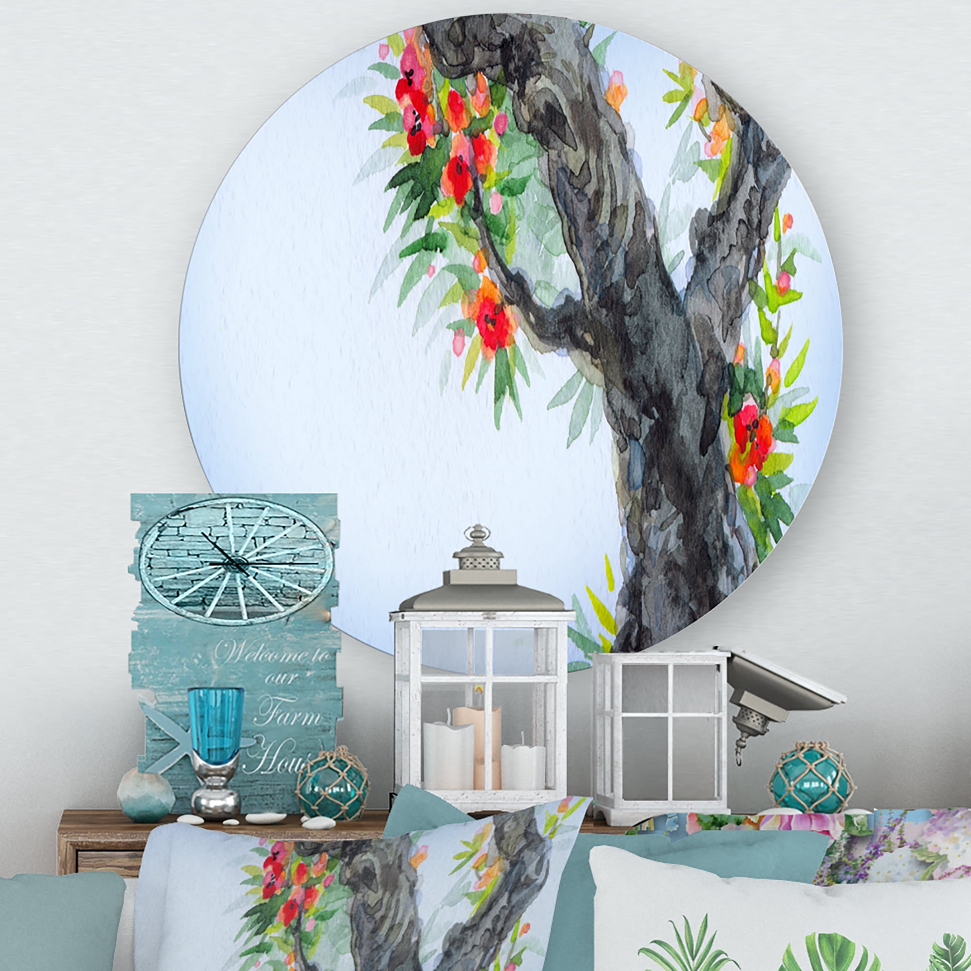 Designart 'Blooming Flowers Of An Old Tree In Spring I' Traditional Circle Metal Wall Art 11x11 - Disc of 11