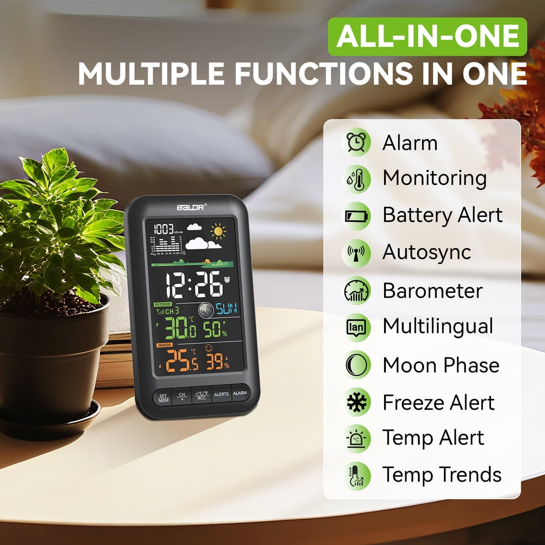 BALDR Wireless Weather Station with Large Clear Display, Indoor Outdoor Thermometer, Remote Sensor, Atomic Clock, Black