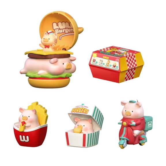 Lulu The Piggy Blind Box - Burger Express Movable Series Figurines Mystery Box Cute Animal Figures Collectibles Toys Home Desk Decorations Holiday Birthday Gifts, Whole Set