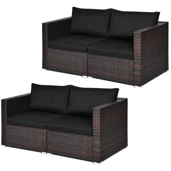 Gymax 4PCS Rattan Corner Sofa Set Patio Outdoor Furniture Set w/ Black Cushions