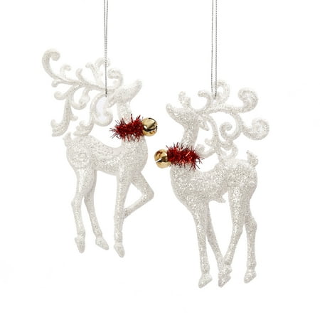 holiday 2pc white glitter reindeer christmas tree ornaments bell necklace decor - White Deer Christmas Decoration holiday 2pc white glitter reindeer christmas tree ornaments bell necklace decor - White Deer Christmas Decoration