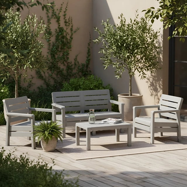 Juego de Muebles para Jardín, Set 4 Piezas, Sofá Doble, 2 Sillones y Mesa de Centro, Plástico Resistente RIMAX