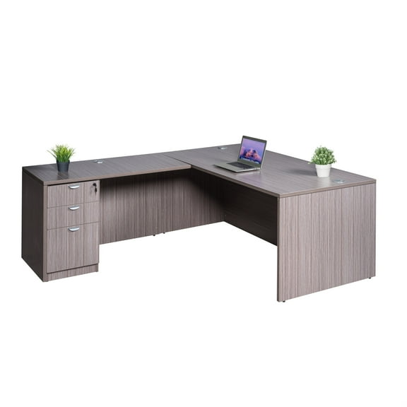 Boss Office Products 66 Inch Executive L-Shape Corner Desk with Box/Box/File Storage Pedestal, Driftwood