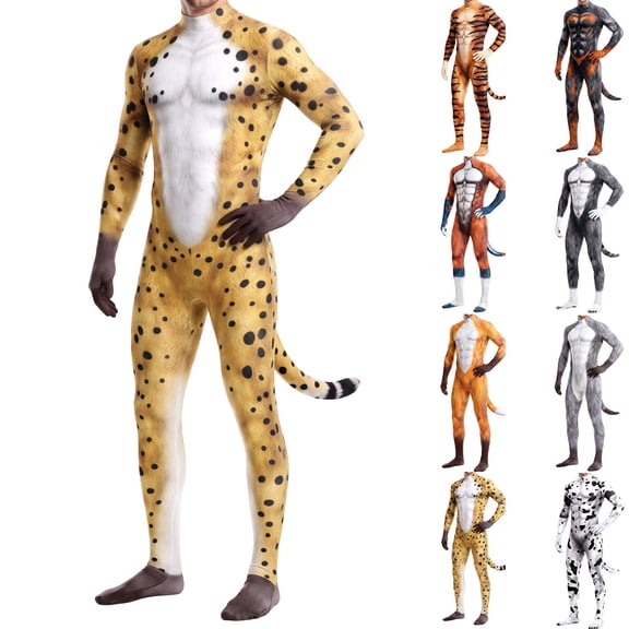 VeFlora Halloween Men's Bodysuit Muscle Animal Printed, Halloween Animal Cosplay Skinny Catsuit Fullbody Jumpsuit Costumes With Tail(Light Yellow/S)