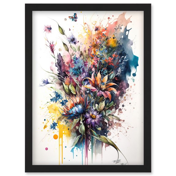 Flower Bouquet Illustration over Watercolour Splat Artwork Framed Wall Art Print A4