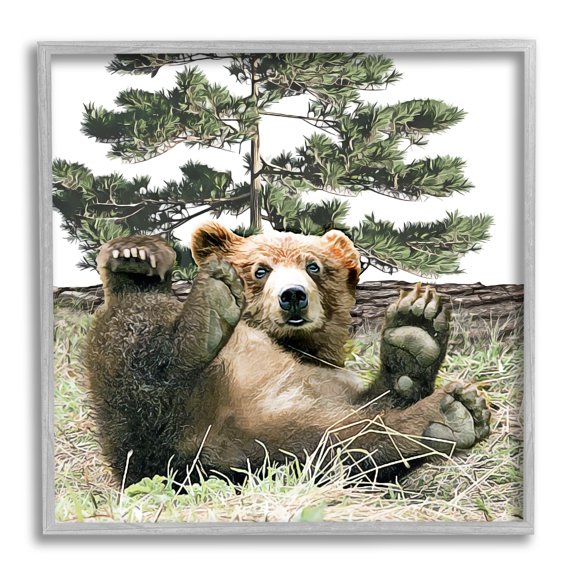 Stupell Playing Bear Cub Forest Trees Animals & Insects Painting Gray Framed Art Print Wall Art