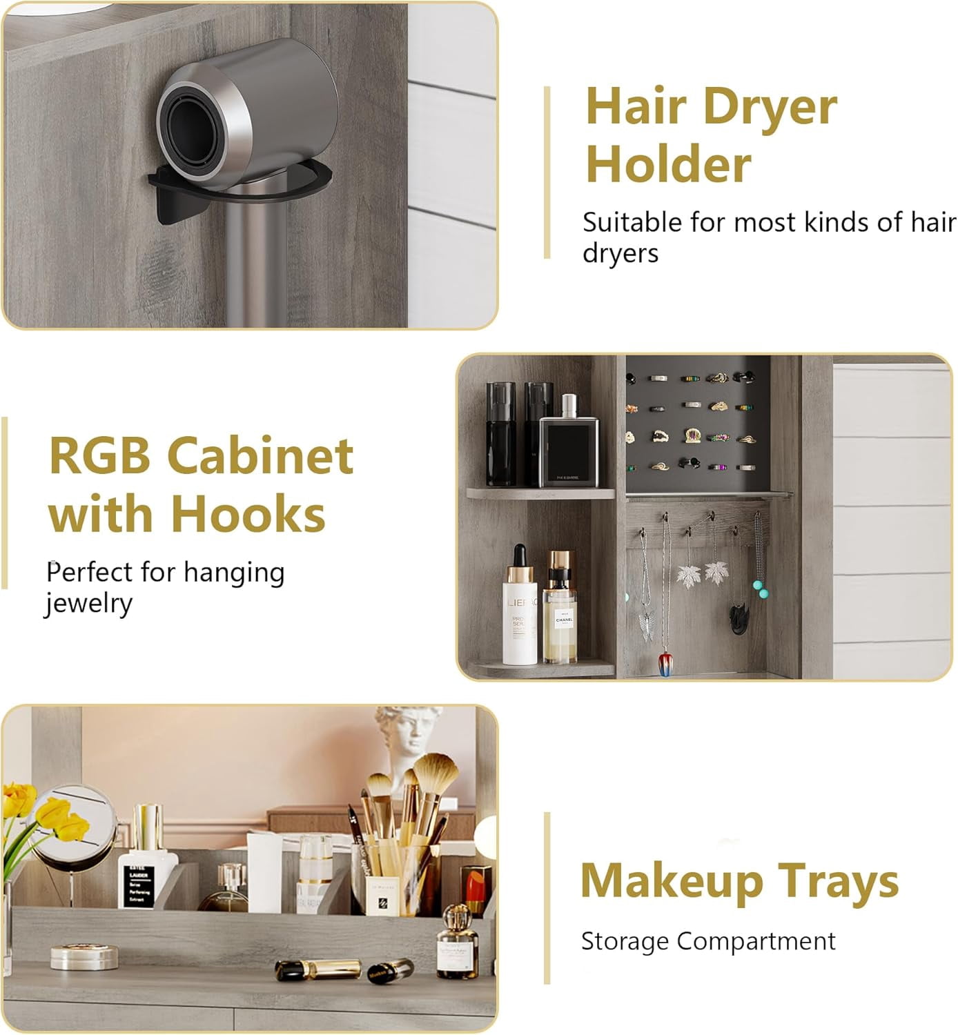 FANRAL Vanity Desk with RGB Ambient Light,LED Mirror & Charging Station,Small Dressing Table with Glass Cabinet & Ample Storage for Bedroom Grooming,Gray Vanity
