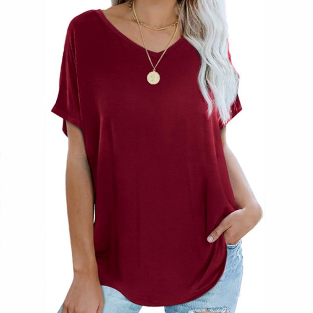 Fiudx Ofertas de La Semana Blusa Básica de Manga Corta para Mujer con Cuello En V y Color Sólido
