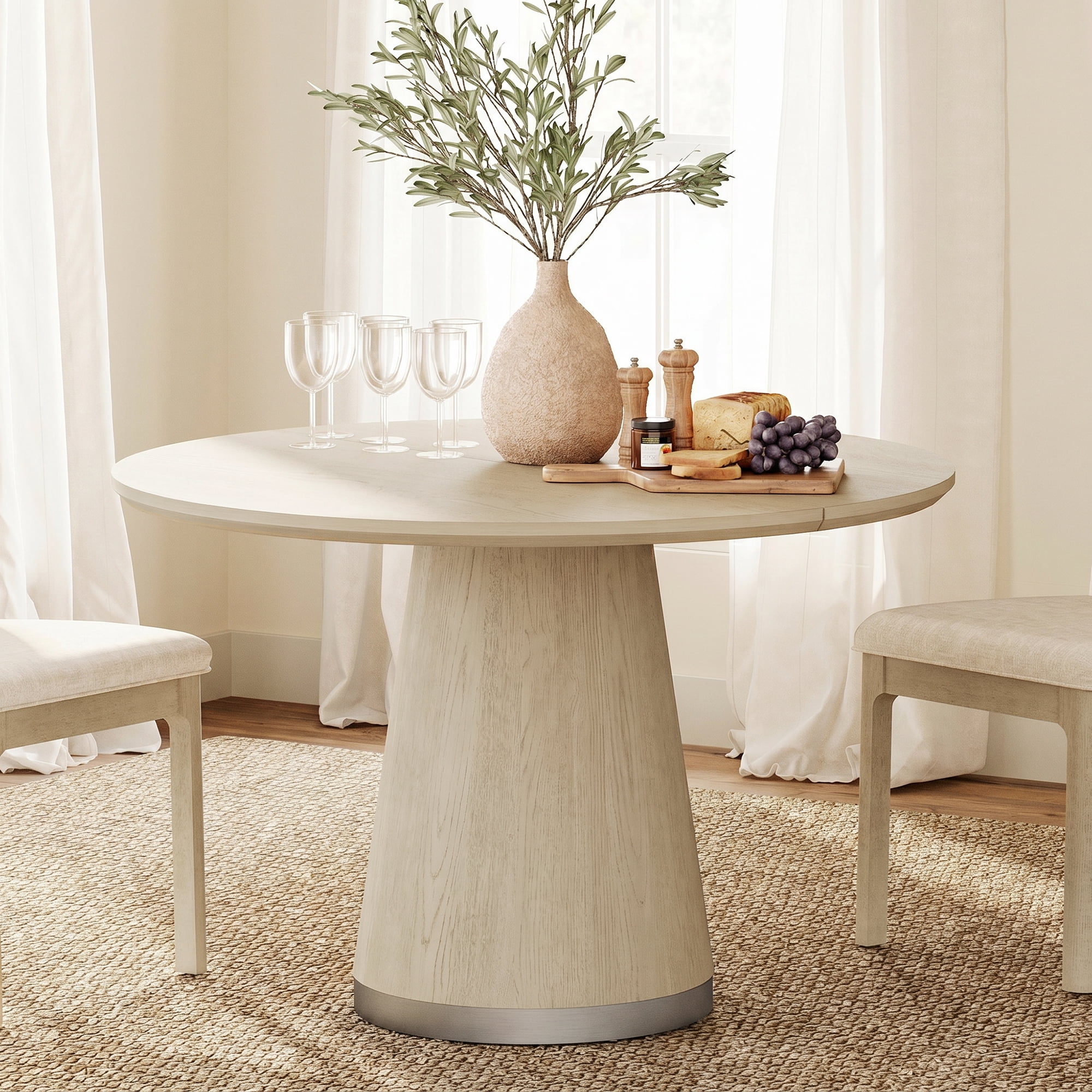 Wood Round Dining Table With Pedestal Base for 2-4, 43" Kitchen Table for Small Space, Apartment, Natural Oak