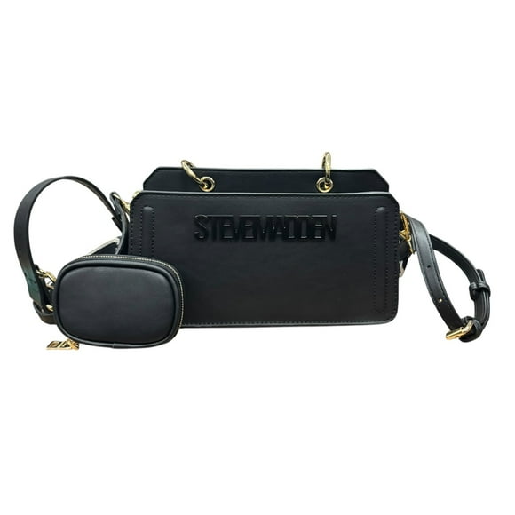 Bola Shoulder Mini Steve Madden color negro con doble asa, son ajustables y desmontables, mide 25 cm de ancho por 13 cm de alto. Inluye monedero mide 11 cm de alto por 8 cm de ancho.