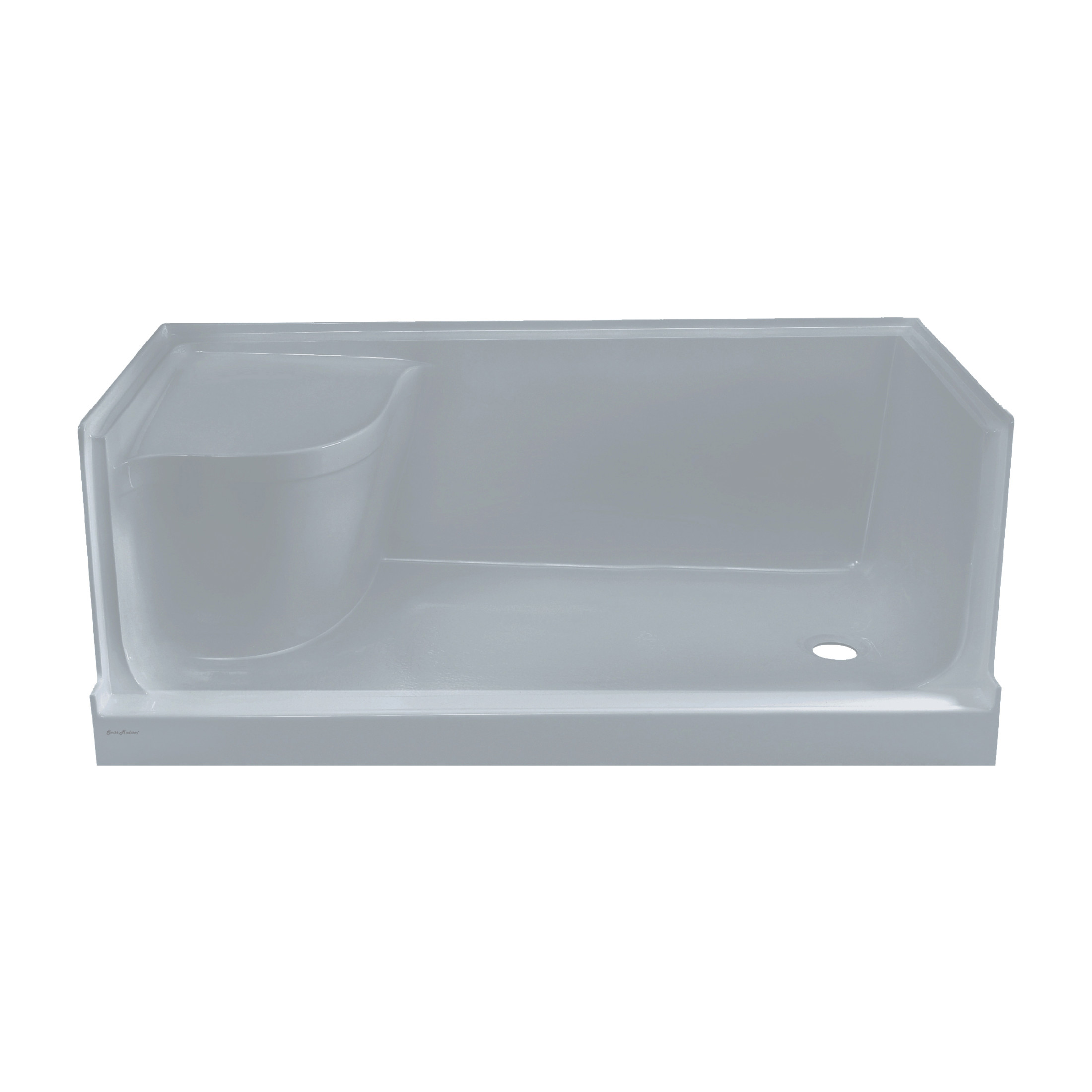 Aquatique 60" x 32" Single Threshold Shower Base With Right Hand Drain and Integral Left Hand Seat in Gray