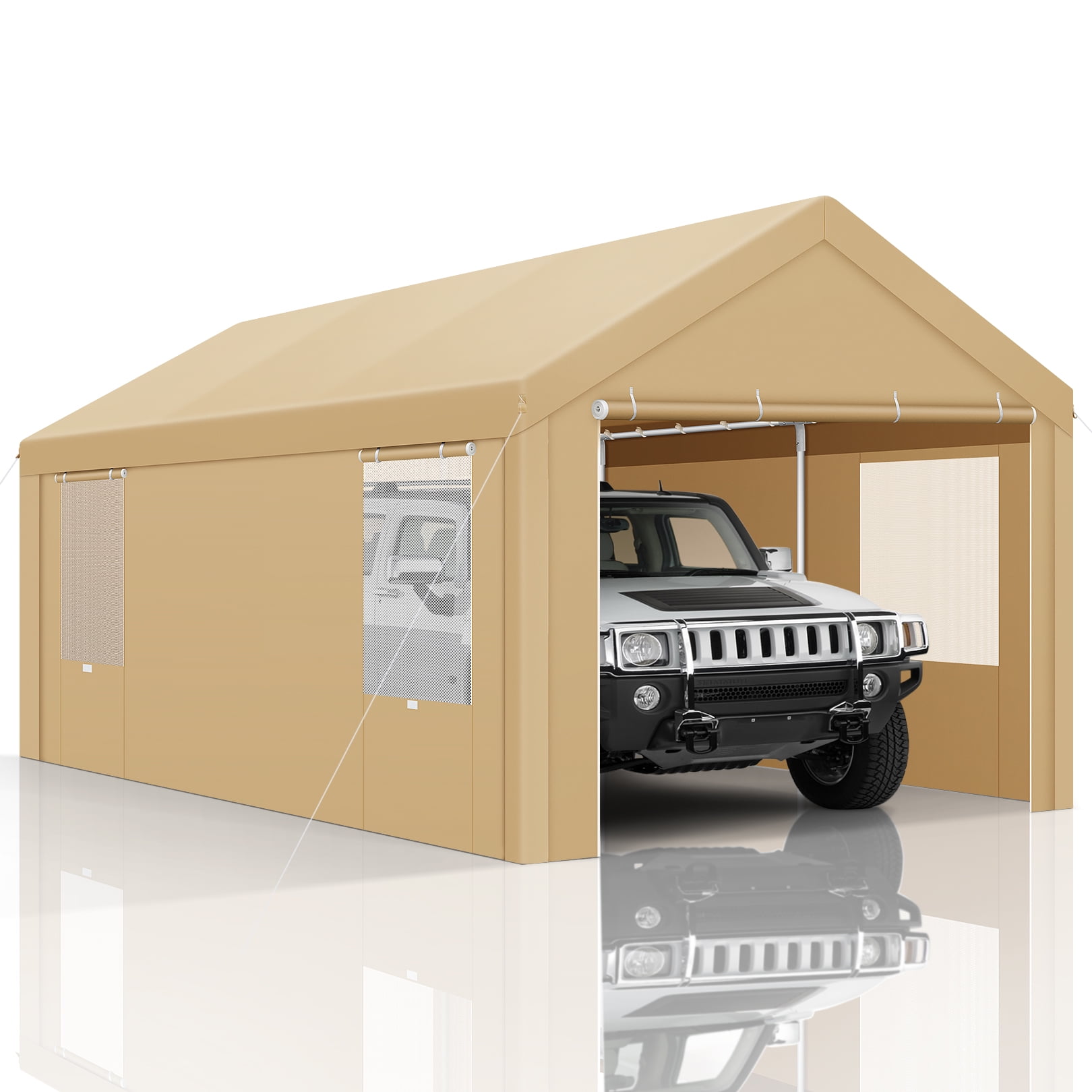 SANOPY 10'x20' Carport Heavy Duty Car Canopy Tent Outdoor Metal Car Tent Garage Shelter Shade Large Carport with 4 Roll-up Ventilated Mesh Windows & 2 Roll-up Sidewalls, Khaki