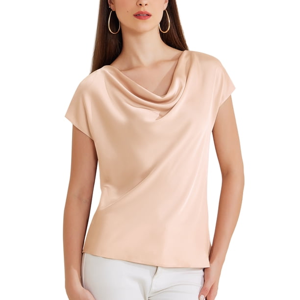 Blusa casual elegante de satén INSPIRE CHIC para mujer con cuello de cowl y mangas cortas en color rosa