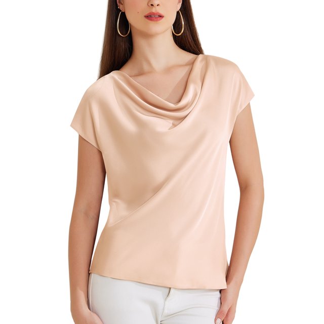 Blusa casual elegante de satén INSPIRE CHIC para mujer con cuello de cowl y mangas cortas en color rosa