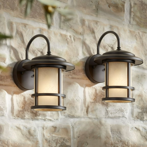 John Timberland Cressona Rustic Mission Outdoor Wall Light Fixtures Set of 2 Oil Rubbed Bronze 12" Etched Amber Glass for Post Exterior