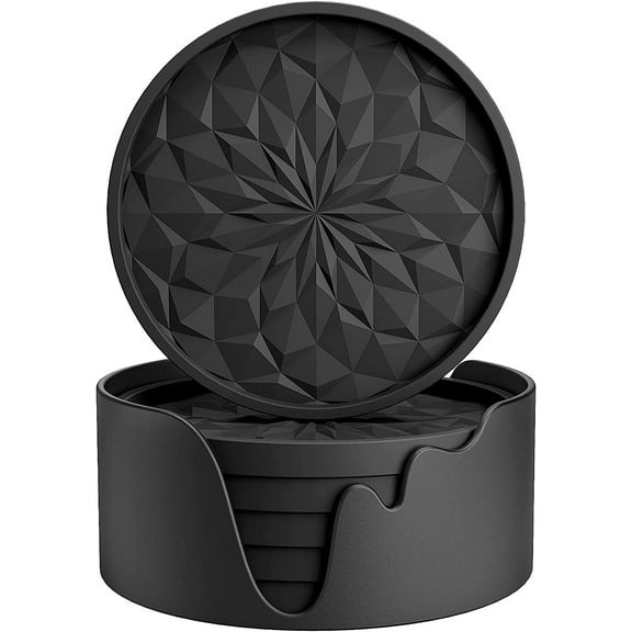 Silicone Coasters with Holder,[6 Pack] Drinking Coasters - Cup Mat for Hot or Cold Drinks, Thickened, Non-Slip, Non-Stick,Deep Tray Black