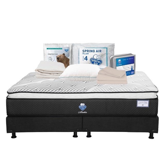 Colchón King Size Alaska Spring Air + Box + 1 Almohada + 1 Protector de colchón + 1 Juego de Sábanas