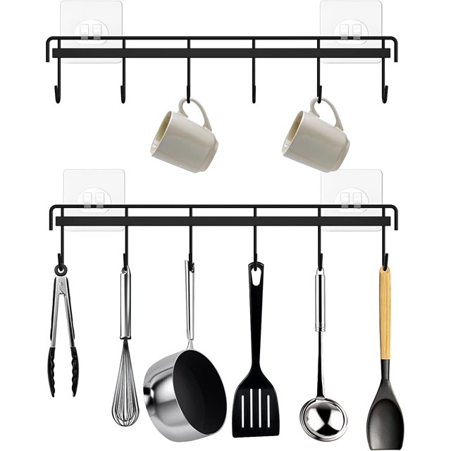 Estante colgante autoadhesivo para utensilios de cocina, color negro, 2 uds., con 6 ganchos Sailing Electrónica