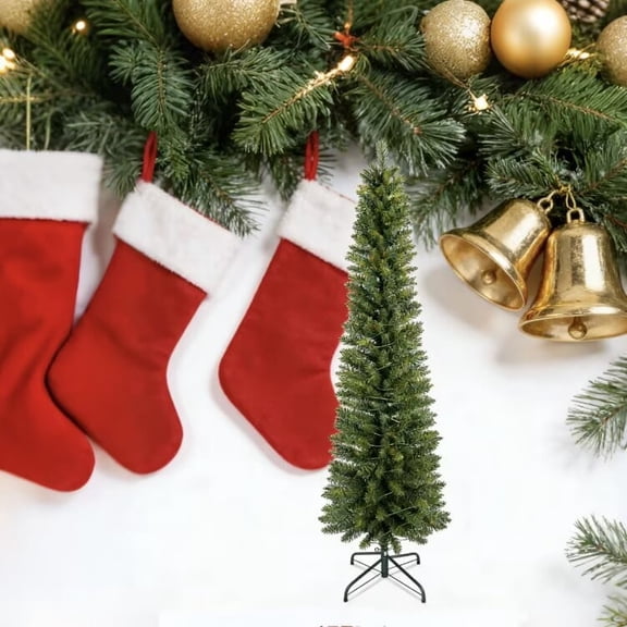 7ft Flocked Pencil PVC green Christmas Tree - Slim Space-Saving Holiday Decor