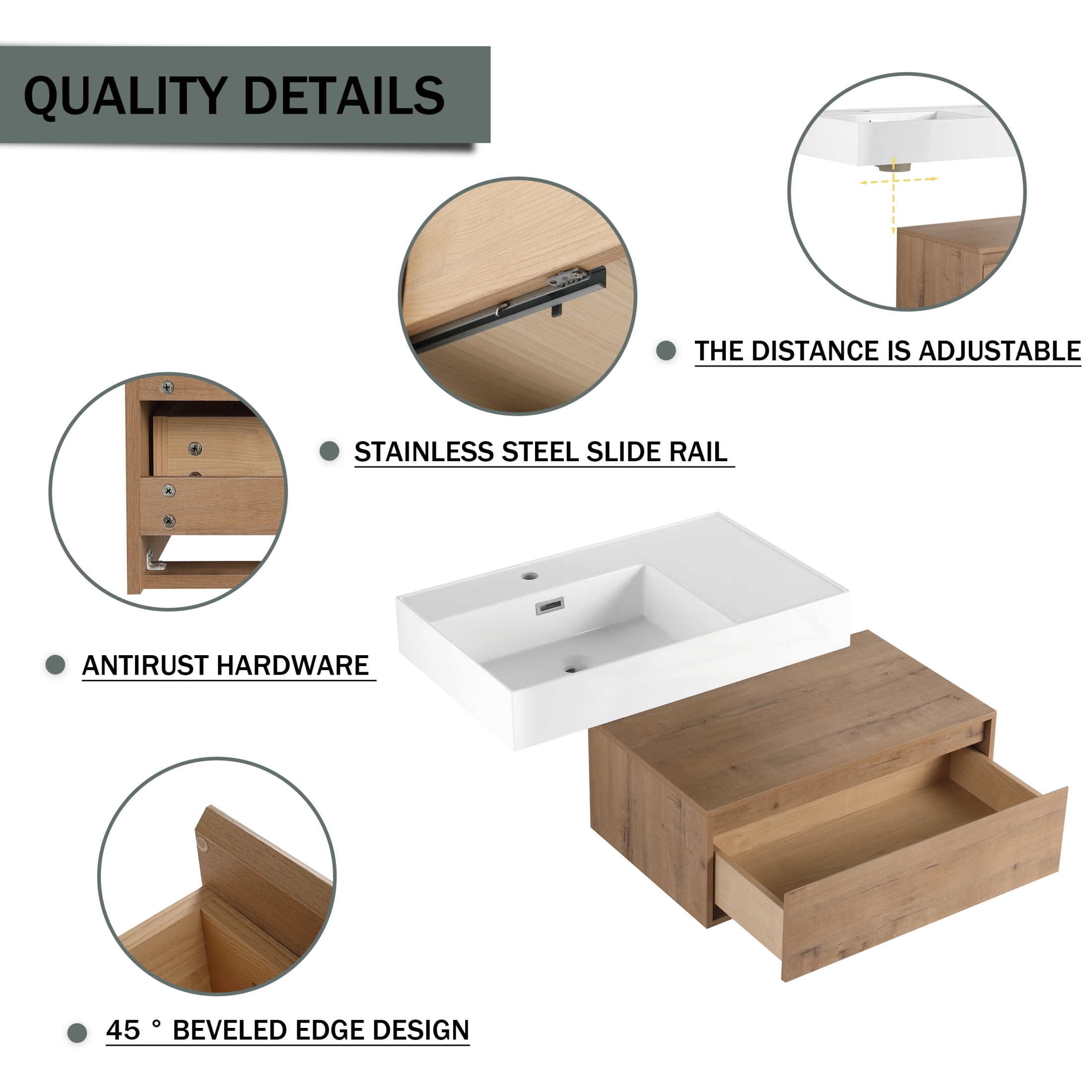 Noble House 30" Wall-Mounted Left Bathroom Vanity, Resin Sink, Soft-Close Drawer, Mid Century Design, Imitative Oak