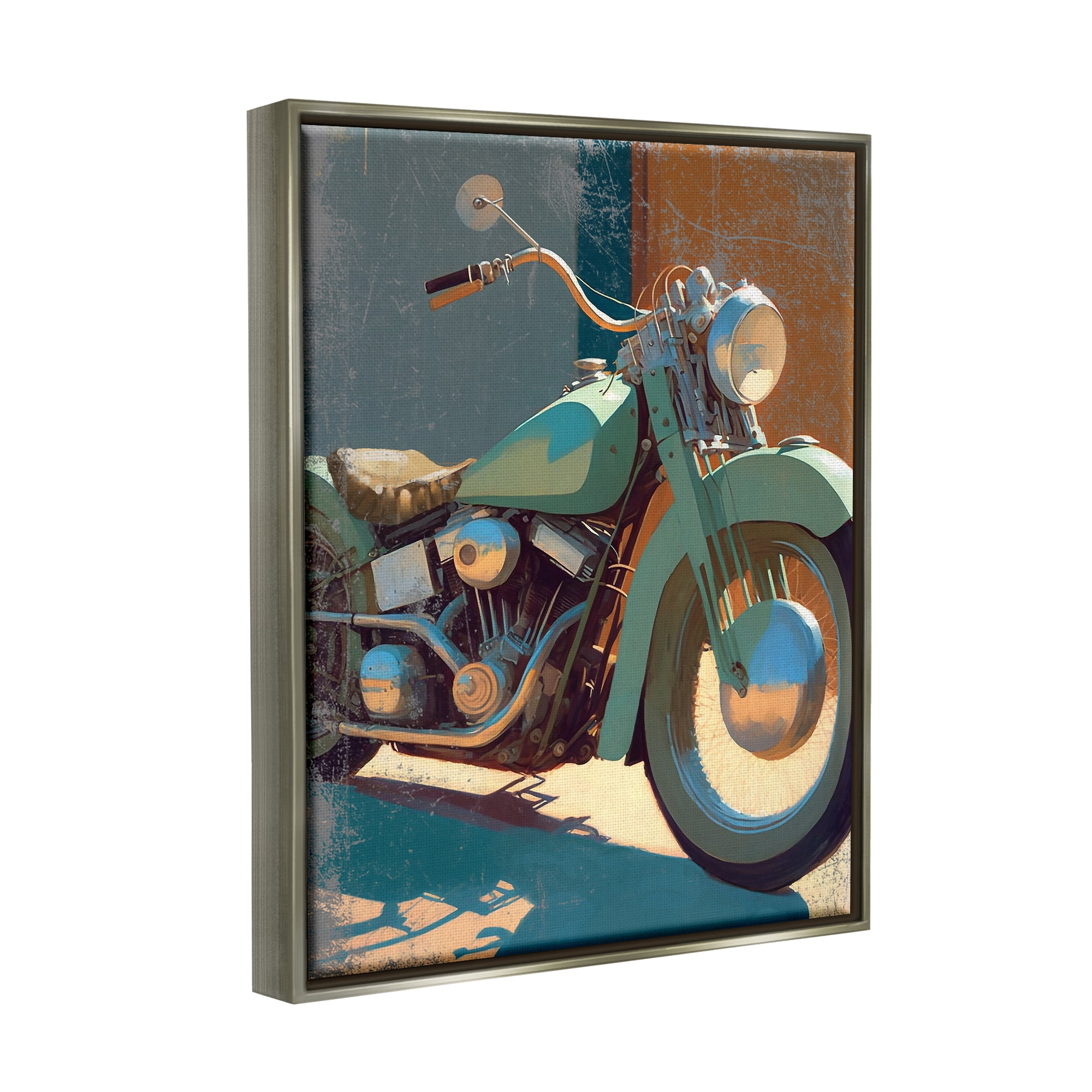 Stupell Industries Rustic Green Motorcycle Transportation Painting Gray Floater Framed Canvas Art Print Wall Art, 25 x 31