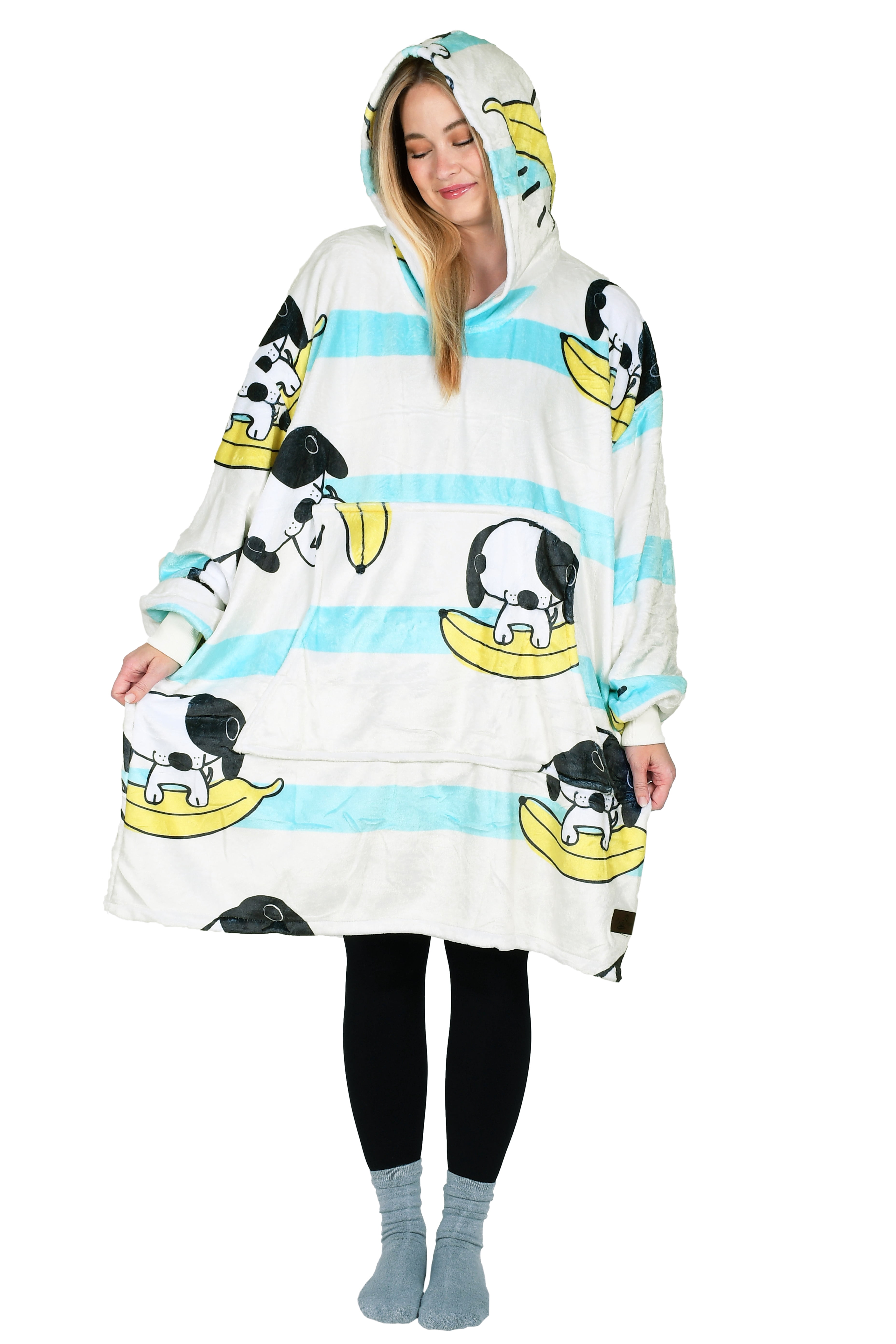 Catalonia Banana Dog Printed Oversized Blanket Hoodie Sweatshirt, Wearable Fleece Pullover for Adults Men Women