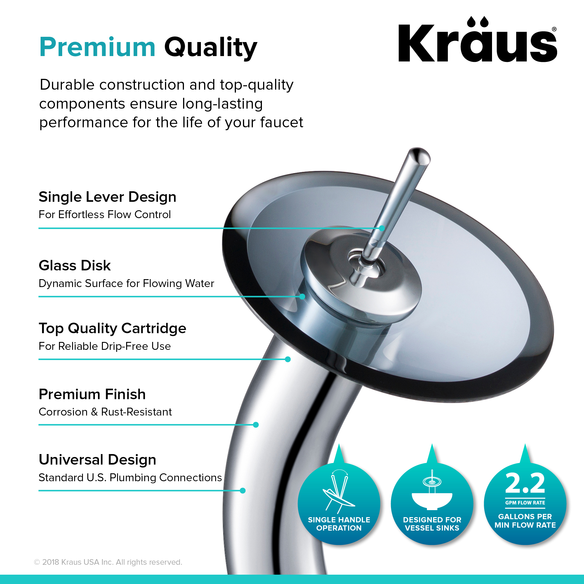 KRAUS Tall Waterfall Bathroom Faucet for Vessel Sink with Clear Black Glass Disk and Pop-Up Drain, Chrome Finish