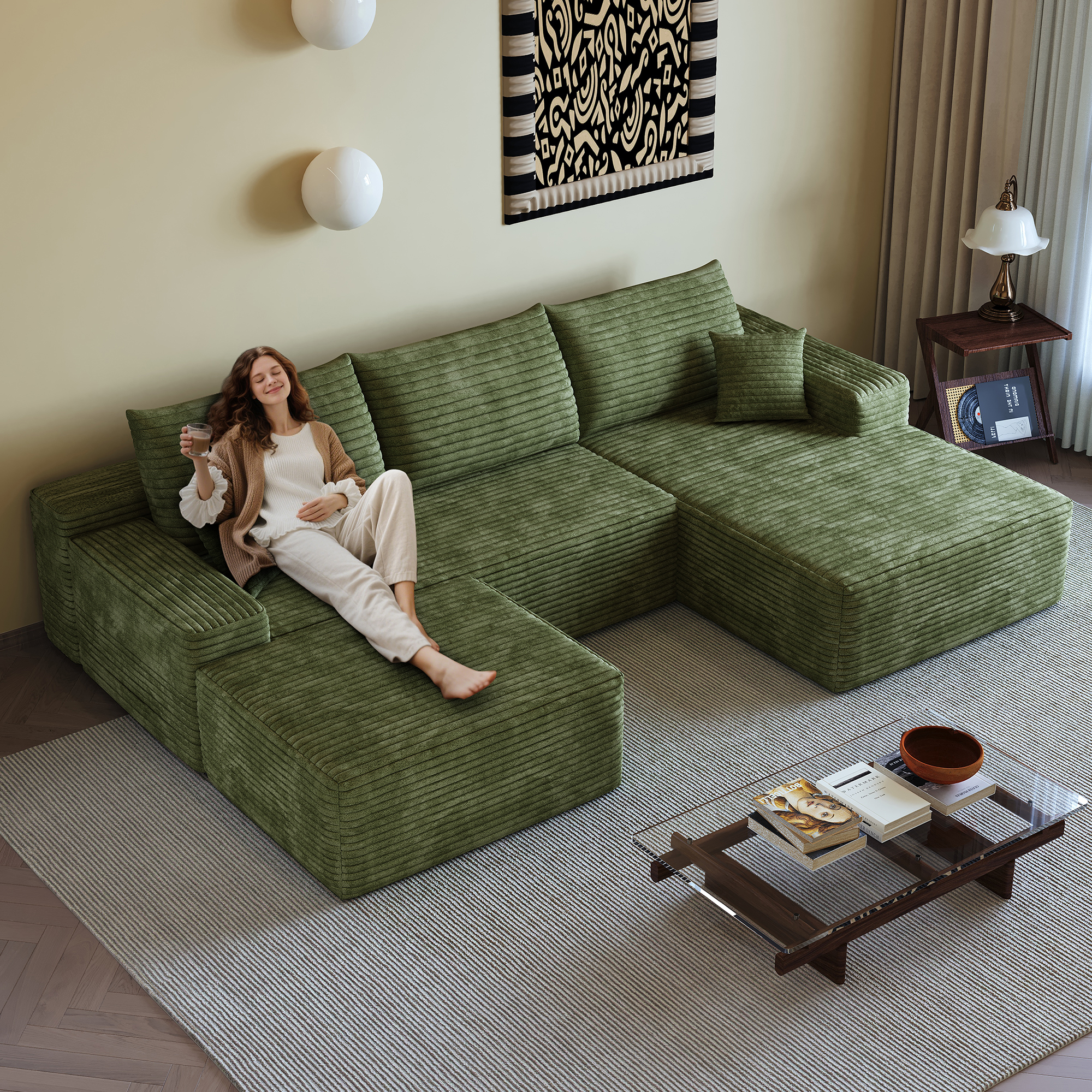 MAYEERTY 107" Cloud Sectional Sofa with 1 Ottoman, Modern Minimalist U-Shaped Deep Seat Couch, No Assembly Plush Corduroy Fabric, Green (3 packages)