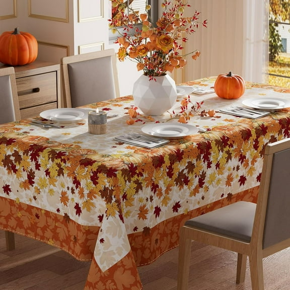 Fall Pumpkin Maple Leaves Orange Tablecloth Rectangle Washable Table Covers for Home Party Decorations 60x84 Inch