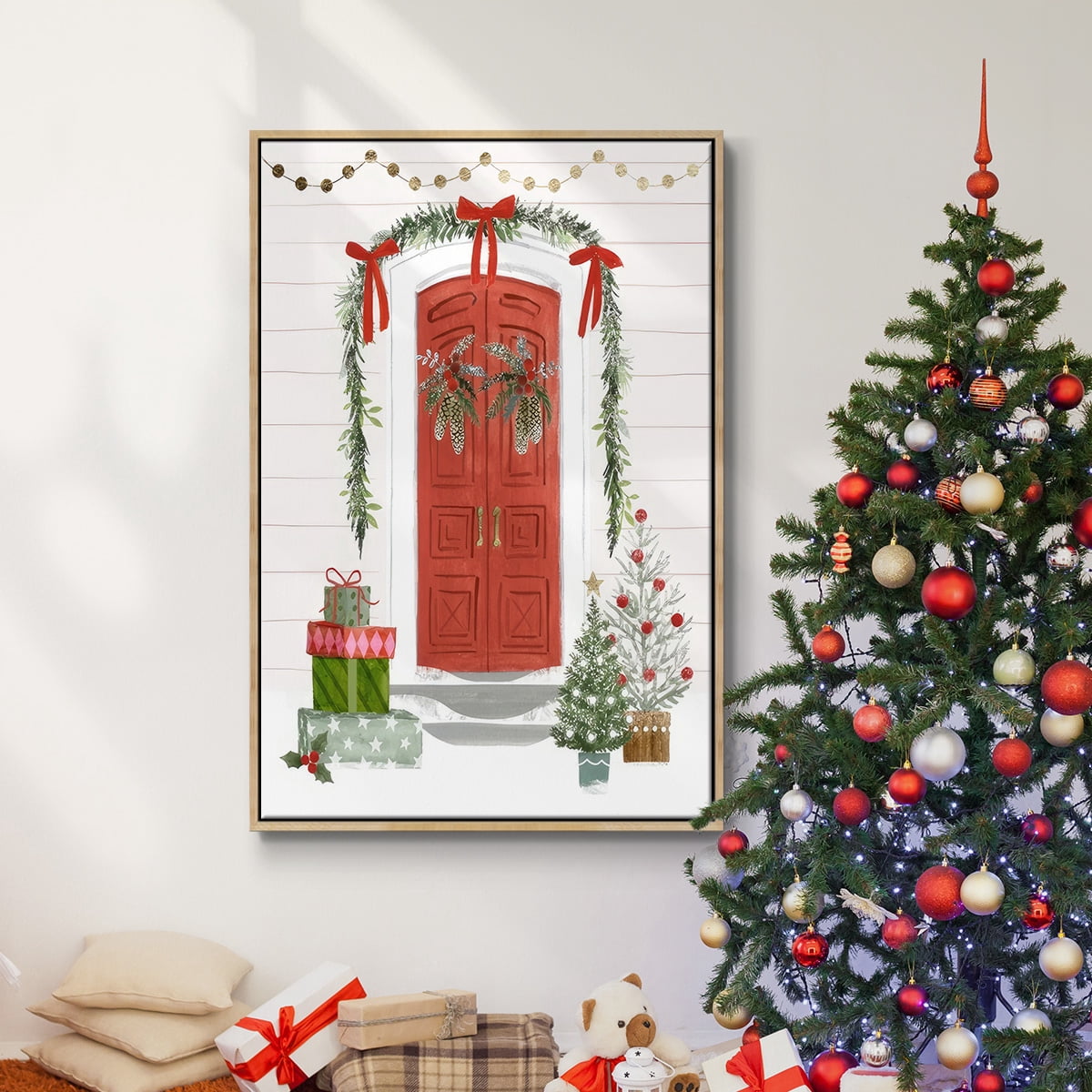 Festive Front Door II - Framed Gallery Wrapped Holiday Canvas - 25 x 37 - Natural Wood Frame