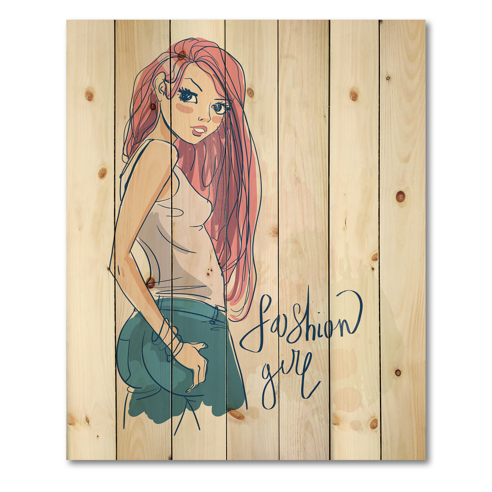 Designart 'Trendy Fashion Woman I' Children's Art Print on Natural Pine Wood