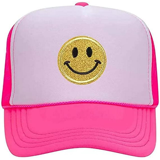 Sombrero de camionero con parte trasera de malla de espuma de corona alta de neón con estampado de lentejuelas y cara sonriente a la moda, para hombres y mujeres Rojo Verde