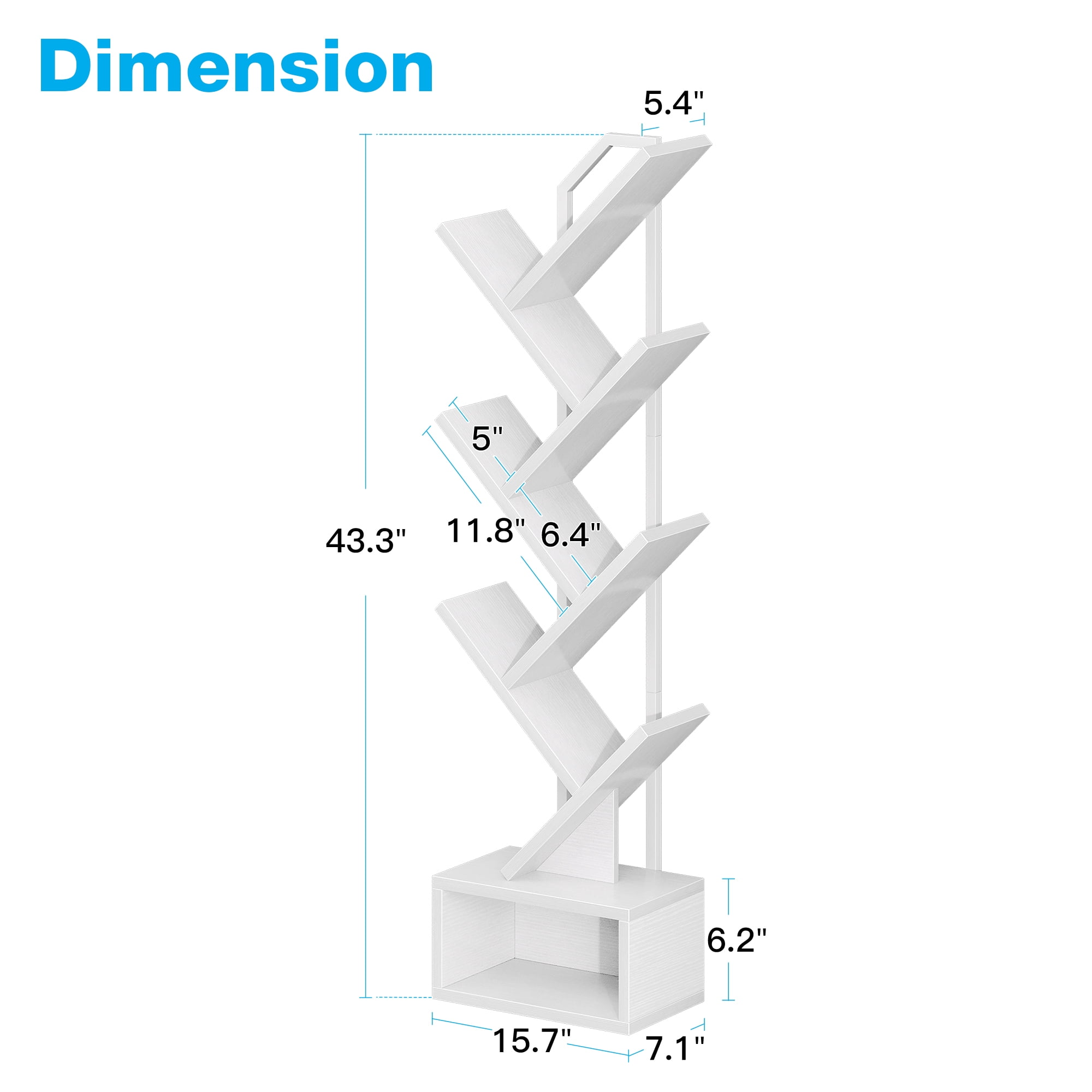 Casacomoda 6-Tier Tree Bookshelf for Corner & Small Space — Narrow Steel & Wood Bookcase, Tall Floor Standing Book Organizer Shelf with Storage Cabinet, Home Decor for Living Room, Bedroom, White