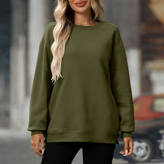 Tawop Sweatshirts for Women Tops for Women Sweatshirt Crew Neck Long Sleeve Solid Army Green L