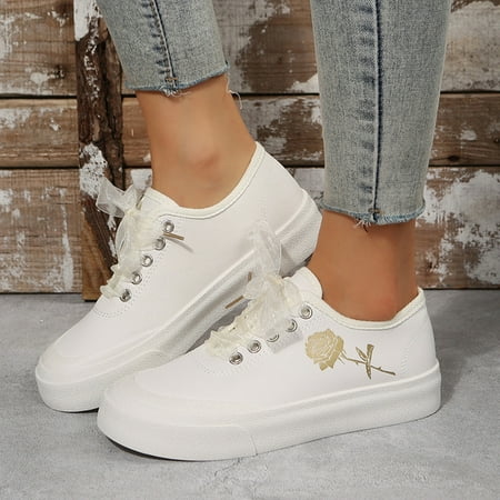

Cathalem Wedge Wide Foot Ladies Fashion Solid Color Leather Flower Printing Lace Thick Soled Casual Shoes Wedge Women Shoes White 6.5