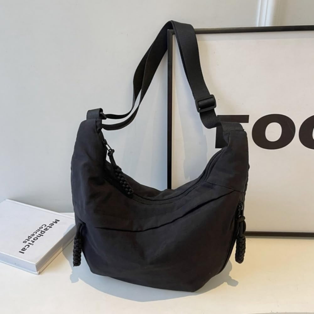 NANAHuang Nylon Crossbody Bags for Women, Trendy Medium Crescent Bag, Lightweight Woman Over Shoulder Purse with Zipper